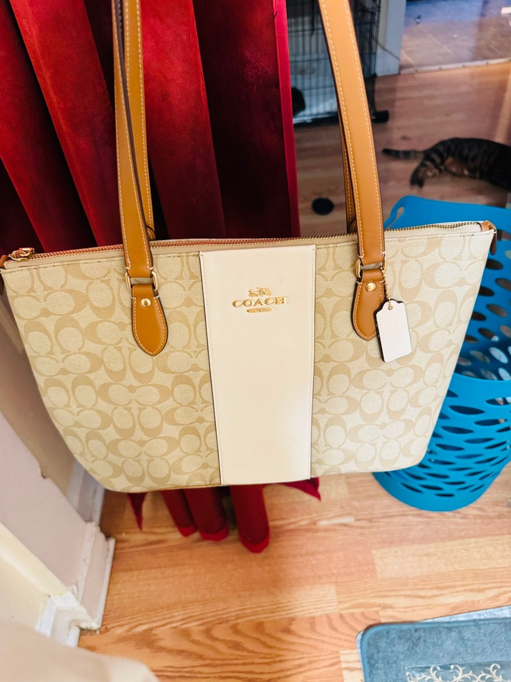 Coach Cream Signature Canvas Tote with Tan Leather Straps
